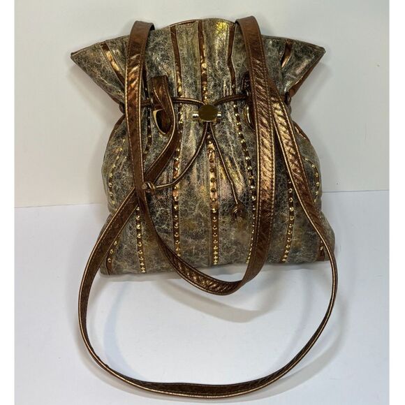 Valerie Artisan Textile Bronze Leather Studded Crossbody Bag Womens Designer - Picture 2 of 9